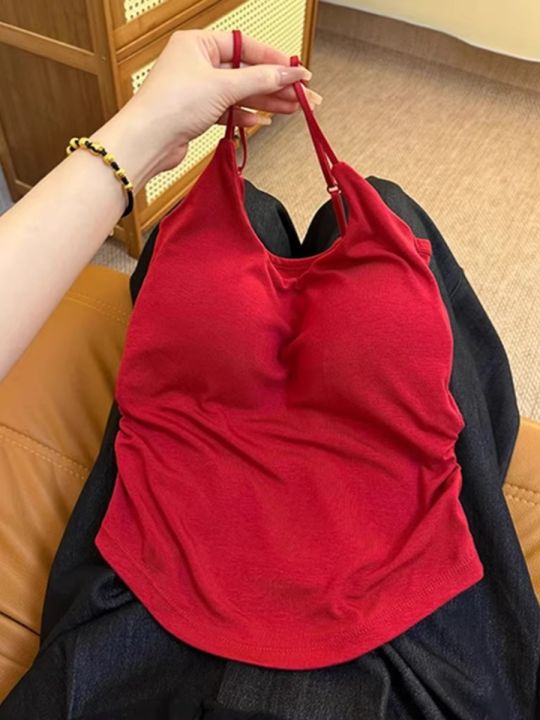 Red Slim Fit Women's Camisole Top with Chest Pad Small Strap Vest Summer Outerwear plus Size Waist Cinched Sleeveless Shirt