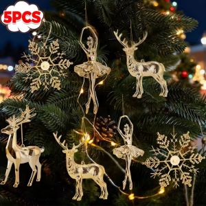 5Pcs Golden Christmas Ornaments Pendants Creative Angel Christmas Deer Snowflakes Ballet Dancer Hanging Xmas Tree Bright Plastic