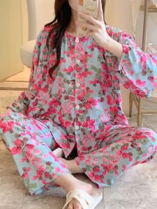 New Cotton Silk Sleepwear Women Summer Artificial Cotton Air Conditioned Home Clothes Spring Autumn Long Sleeve Large Size Cotton Silk Set