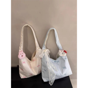 Korean Style Butterfly Knot Embroidered Canvas Tote Bag Womens Large Capacity Single Shoulder Commuter School Bag 2025 New