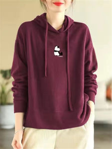 Fall and Winter Hooded Pullover Womens Plus Size Pure Cotton Artsy Loose Print Tops Minimalist Easiest for Match Slim Looking T-shirt