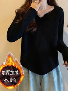 Thickened Fleece Black V-Neck Sweater Womens Base Shirt Autumn Winter plus Size Irregular Knitted Top Korean Style Loose Fit