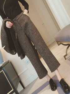 Womens Plaid Woolen Vest Pants Set Korean Style Commute Long Sleeve Suit Collar Single Button Fashion Outerwear