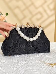 daidai (Ready Stock) Women Black Jacquard Handbag Pearl Chain Shoulder Elegant Chinese Bag 黑色提花珍珠手提包古风旗袍宴会轻奢古风提花小方包