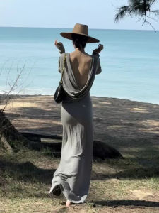 SHANGSHA | Beautiful Vacation Ready Gray Backless Dress