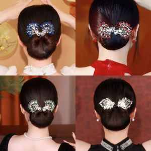 เครื่องมือม้วนผมรูปนกยูงประดับคริสตัล กิ๊บติดผมรูปมวยสำหรับผู้หญิงสุดสง่างาม อุปกรณ์ทำผม