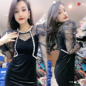 Heavy Embroidery Black Midi Dress Womens Lace Mesh Splicing Gold Velvet Bodycon Dress Korean Style round Neck High Waist Long Sleeve