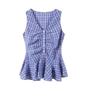 YUEZHONGWEI | Blue V-neck Halter Neck Plaid Strap Vest Women Summer Outerwear Design Sensation Waist-cinching Sleeveless Top