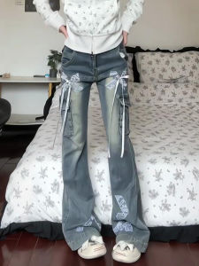 American Style Retro Lace Butterfly Knot Flared Jeans Women plus Size New Slimming Drapey Long Trousers Trendy High Waist