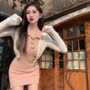 GUZILIAN | Sweet Style Pink Knitted Dress Womens Button Design Waist Cinching Short Length Autumn Versatile Open Cardigan Skirt