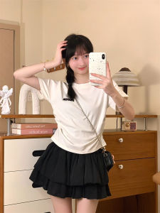 Áo Thun Nữ Tay Ngắn Thêu Chữ Nhung Ôm Vừa Vặn Phong Cách Ngọt Ngào Có Chi Tiết Khăn Choàng Thời Trang Mùa Hè