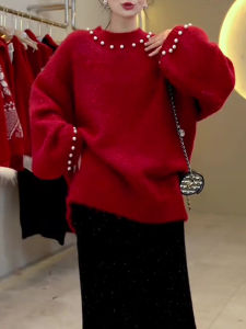 Ladies Knitted round Neck Sweater Red Beads Casual Style Loose Fit Autumn Winter New Arrival Korean Version Fashionable Top