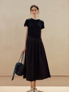INMAN | Round Neck Short Sleeve A-Line Waist-Fitted Black Dress