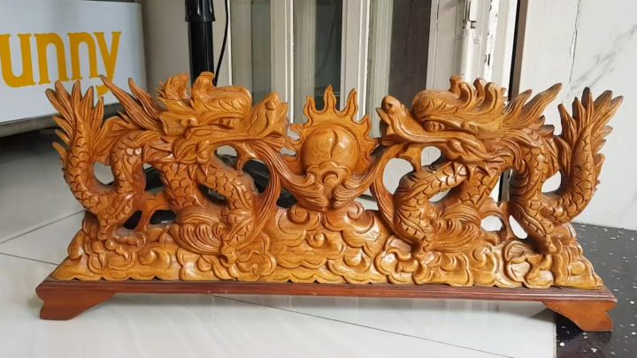 🌺💦🌺Tượng Song Long lượn Gỗ Gõ màu đỏ size Dài 64cm x Cao 17cm x Sâu 7cm ...