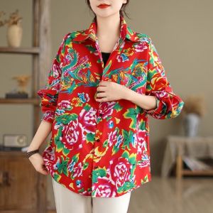 Northeast Long Sleeves Big Flower Shirt Womens Spring New Arrival New Chinese Ethnic Style Popular Hot-Selling Product Fancy Shirt This Year