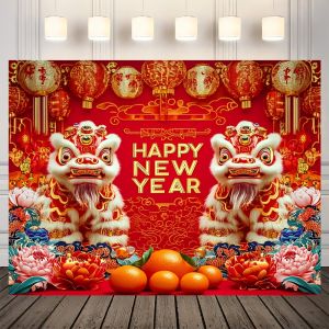 VIKAMA Chinese New Year Tapestry Double Lion Play Ball Peony Living Room Background Wall Spring Festival Party Decoration
