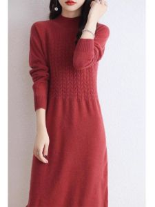 2024 New Womens Mid-Length Knitted Dress Half-High Collar Sweater Dress Autumn Winter Coat Inner Long Dress Korean Style Loose Fit