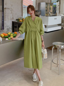 Green V-Neck Shirt Dress Women Summer 2025 New plus Size Loose Belly Covering Slimming French Forest System Long Dress