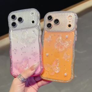 Ốp Điện Thoại iPhone 17/16/15/14/13 Pro Max Plus Air Trong Suốt Đính Đá Lấp Lánh Hình Bướm 3D Có Màng Bảo Vệ Ống Kính