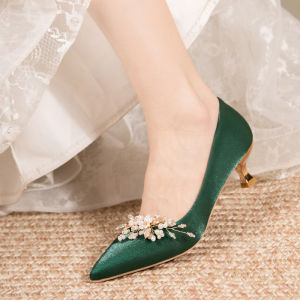 IELGY Niche pearl flower ornament green high heels do not get tired toe toe pumps