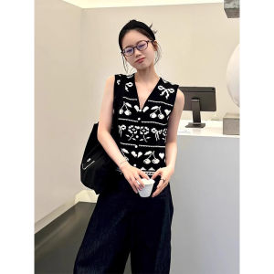 YUEZHONGWEI | French Style Black Knitted Vest Cardigan Women Summer Outerwear Slim Fit Shoulder Design Top Soft Korean Loose Type