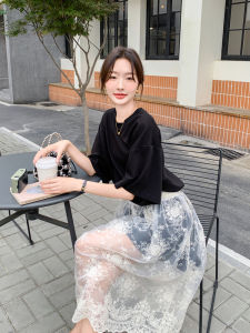 Loose Lace Embroidered Print T-Shirt Half Skirt Two-Piece Set Summer New Style Korean Version Commute Pure Color H-Shape Dress