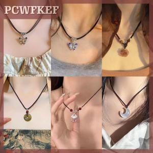 PCWFKEF Chinese Style Fashion Retro Braided Rope Necklace Butterfly Flower Moon Safety Lock Pendant Necklace For Women Vintage Jewelry