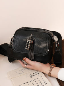 Fashionable Mini Crossbody Bag for Women with Wide Shoulder Strap Multi-Layer Soft PU Leather Bag with Zipper Closure And Tassel Detail