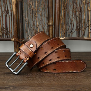 Double Stitched Leather Belt Mens Vintage Handmade Cowhide Jeans Belt No Drilling Wide Belt for All Ages Fashionable Buckle