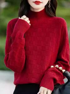 WANGGONGZHU | Womens Knitted Base Layer Shirt Loose Fit Thickened Half High Collar Autumn Winter Warm Slimming Top Princess Style Pure Color