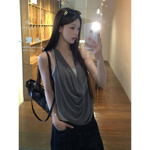 Gray Off-Shoulder Strap Vest Womens Summer Outerwear Chic Korean Style Sleeveless Top Halter Neck Fake Two-Piece Casual Commute