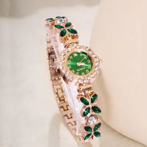 Womens Watch New Fashion Green Leaf Fine Band Diamond Round Dial Bracelet Watch For Women Daily Waterproof