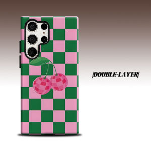 Pink Green Check Disco Cherry For Samsung Galaxy S26 S25 S24 A56 A36 Dual Layer Luxury Fashion Full Lens Protective Case