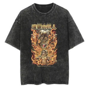Bandai | Attack on Titan Mens and Womens Washed T-Shirt Eren Yeager Summer and Spring Anime Cotton Tee Retro Distressed Short Sleeve