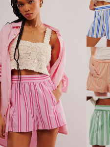 กางเกงขาสั้นทรงตรงเอวสูงลายทางสีบล็อก กางเกงขาสั้นทรงหลวมสำหรับผู้หญิง ฤดูร้อน 2025 กางเกงขายาวทรงหลวม