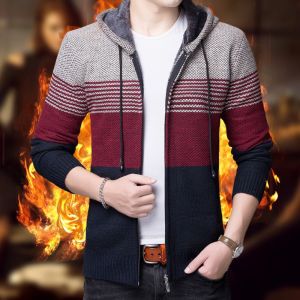 แขนยาวผ้าแคชเมียร์เสื้อมีฮู้ดถักเสื้อกันหนาวขนาดพิเศษชายเสื้อไหมพรมเข้ารูปขนแกะเสื้อแจ๊กเก็ตแบบหนาสำหรับผู้ชาย