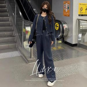 Fashionable Slim Fit Ladies Set Early Spring Clothing Short Coat High Waist Pants Two Piece Set Comfortable Polyester Fiber