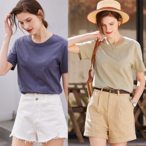 เสื้อยืดลําลองสําหรับผู้หญิงสีบริสุทธิ์สไตล์ฤดูร้อนสไตล์มินิมอลลําลองตรงเสื้อแขนสั้นและคอกลม