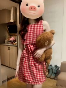 HUAYILING | Vintage Red and White Checkered Sleeveless Dress