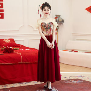 Red One-Shoulder Bridal Dress Slimming Elegant Korean Style Wedding Engagement Party Long Gown for Young Women 18-25 Years Old