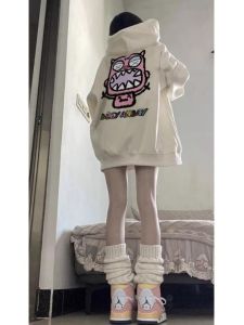 Retro American Monster Hoodie Womens Spring Autumn Thin Lazy Hong Kong Style Jacket Ins Print Loose Fit Long Sleeve Sweatshirt