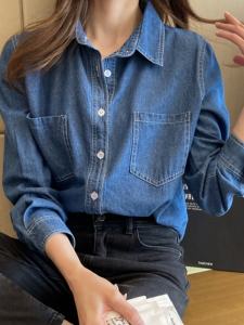 Casual Denim Shirt Womens Spring Autumn Long Sleeve Thin Outerwear Loose Style Polo Collar Multi-Pocket Button Detail