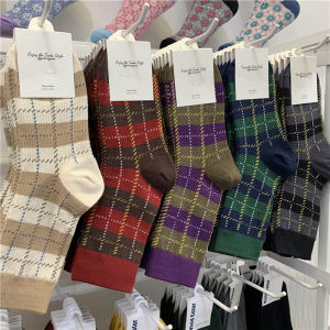 Ggorangnae Dongdaemun Womens Mid-Calf Socks Color Block Stripe British Style Diamond Pattern Simple Design Four Seasons