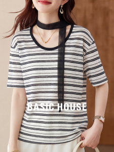 Basic House | U-neck Strap Detailing Stripes Hollow-out Short-sleeve T-shirt Summer