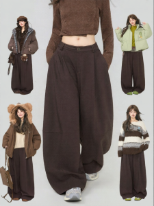 KEIKO | Vintage Brown Flannel Curved Legs Wide Leg Loose Fitting Melanoid Style High Waist Pants