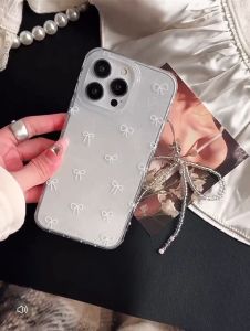 Hot! Whitebow - Dreamy Coquette Glittery Acrylic Case Bowknot Ribbon With Charm - Hardcase/ Casing Hp For Iphone Xr 11 12 13 14 15 Pro Promax Plus RCI504