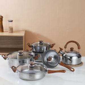 12 pcs Stainless Steel Cookware Set Wooden Handle with Kettle frying pan soup pot casserole pot