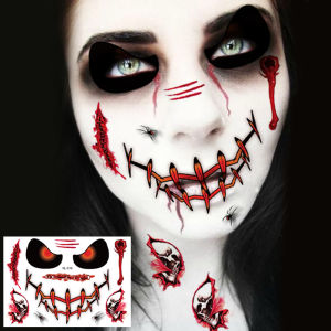 สติกเกอร์รอยสักแผลเป็นปลอมฮาโลวีน2024กันน้ำ3D เย็บแผลเลือดปลอมรอยสักซอมบี้บาดบาดแผลบนใบหน้าสติกเกอร์แต่งหน้าสำหรับปาร์ตี้ฮาโลวีน