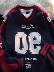 Retro American College Style Color Block V Neck Sweatshirt Loose Oversize Sportswear for Men And Women Casual Couple Outfit