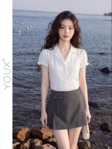YOUXIANG | Áo Sơ Mi Cổ V Dài Tay Ngắn Màu Trắng Phong Cách Pháp Sang Trọng Đồ Công Sở Mùa Hè